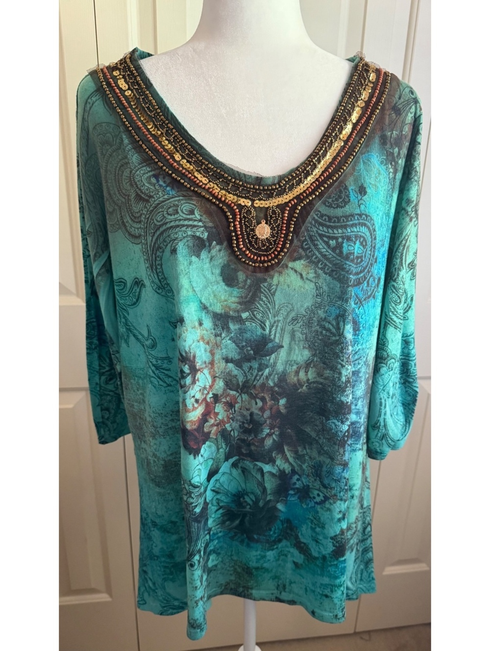 Roz & Ali Green Beaded Stretch Knit Trapeze Hem Tunic Soze 2X